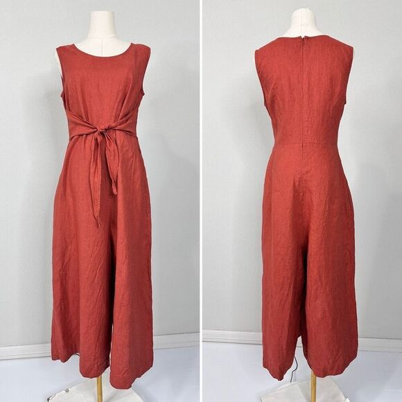 MagicLinen 100% Linen Sleeveless Wide Leg Jumpsuit Terracotta Size L Minimalist - Picture 4 of 15